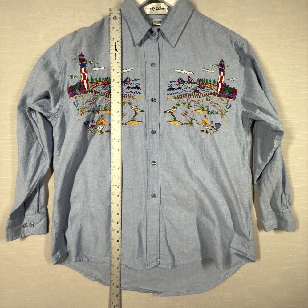 Casey Coleman Denim Top Womens XL Blue Beach Embroidered Lighthouse Sailboat - Picture 10 of 16